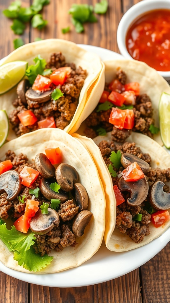 A colorful plate of Beef and Mushroom Tacos topped with lettuce, tomatoes, and cheese, with salsa on the side.